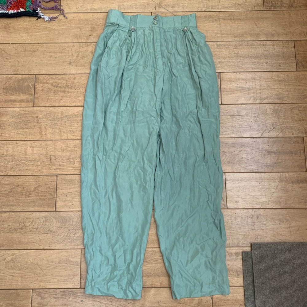 Vintage Light Green Silk Pleated Pants M